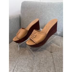 Tory Burch Lowell 2 80mm Wedge Sandals Slip On Slide Royal Tan Leather Size 8.5